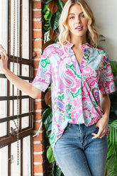 Flowy Paisley Print Short Sleeve Relaxed Top Heimish Off white/Pink S